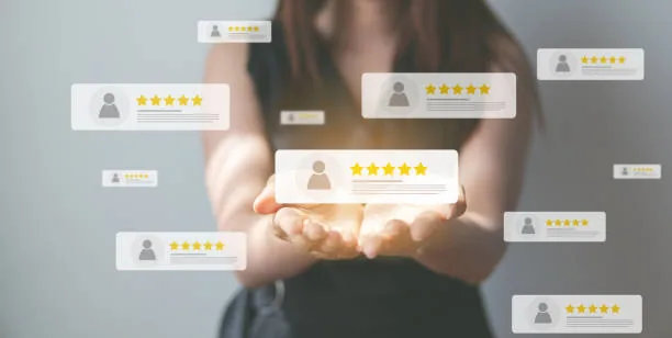 Homeowner leaving a five star review for a home service business on a phone